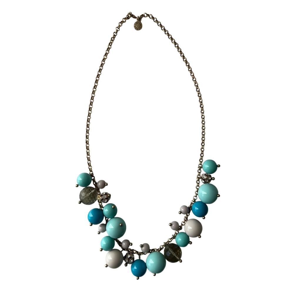J.Crew Goldtone Aqua, Blue, CZ Ball Drop Statement Necklace 24" Vintage Rare